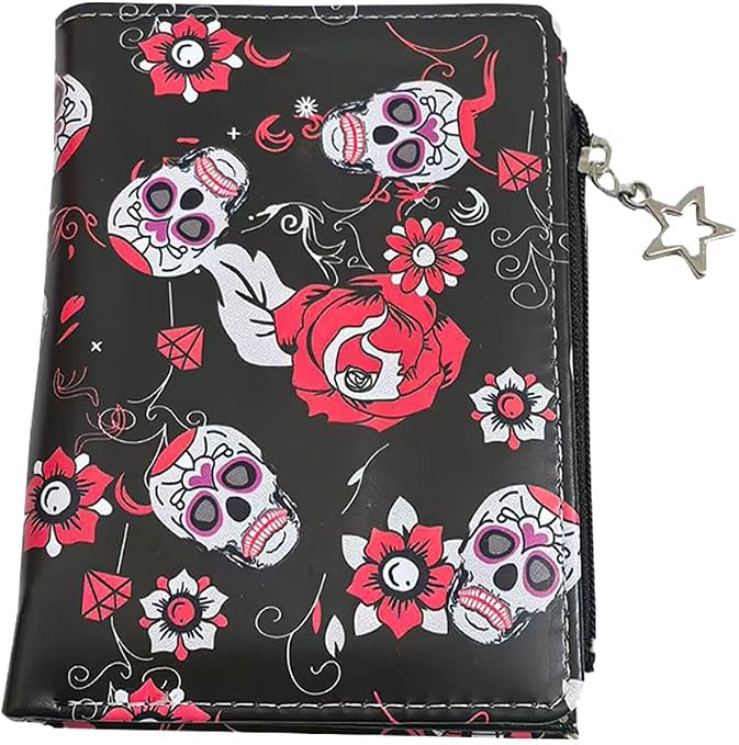 Sugar Skull Bifold Wallet, Gothic Punk Style, Black PU Leather, 6 Card Slots, Zipper Closure with Star Charm,men’s skull wallet