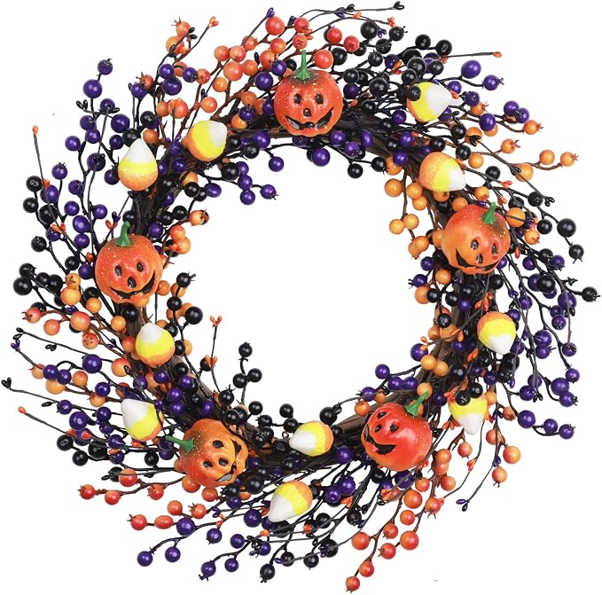 20" Halloween Wreaths for Front Door with Jack-o'-Lanterns and Candy - skull wreath