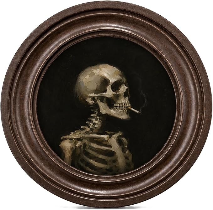 MOCHPEN Skeleton Round Wall Art Decor, Gothic Skull Painting Artwork, Smoking Skeleton Wall Decoration for Bedroom Living Room Study Gallery, 5.7x5.7 Inch - skull wall art