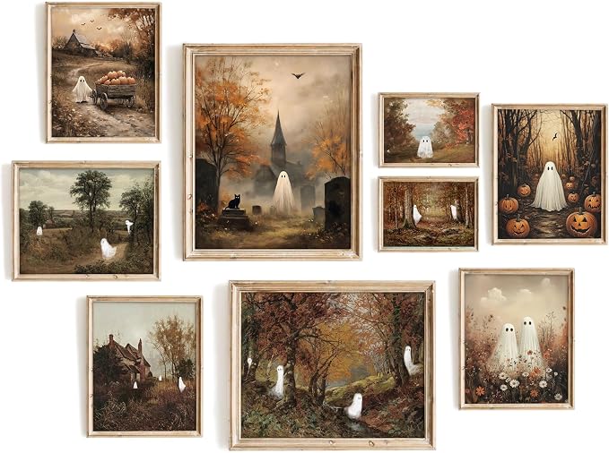 Vodefoad Vintage Halloween Ghost Wall Art Prints of 9, Retro Autumn Cute Ghost Canvas Poster, Farmhouse Halloween Wall Art Prints for Bedroom, Moody Spooky Gothic Home Decor Dark Academia Aesthetic Picture for Gallery, Living Room, Bathroom halloween Wall Decor Unframed