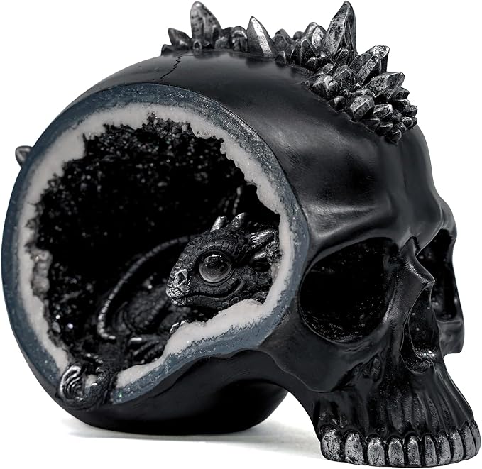 Resin Geode Skull Figurine Statue with Baby Dragon. Gifts for Skull Lovers - skull figurine