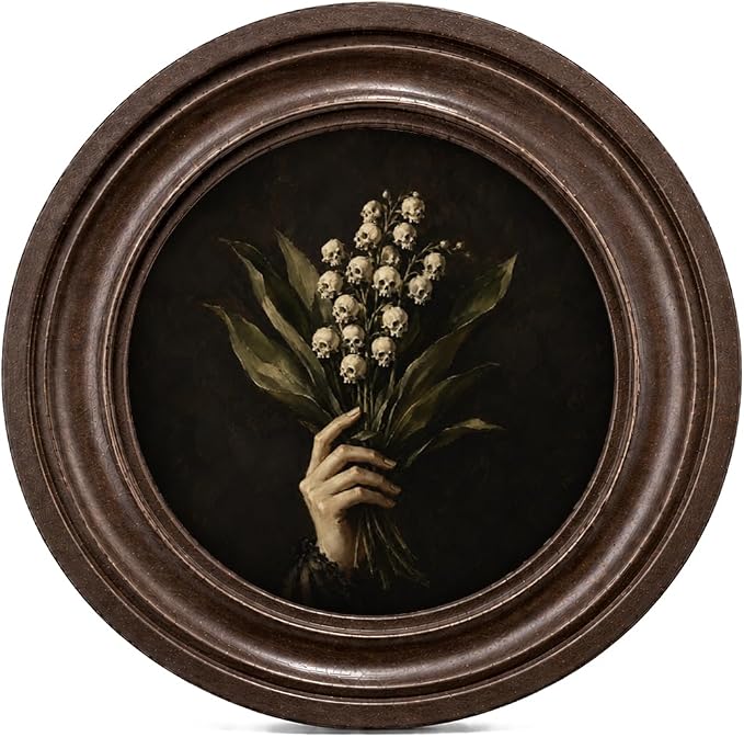 MOCHPEN Skull Flower Round Wall Art Decor, Gothic Lily of the Valley Painting Artwork, Wall Decoration for Bedroom Living Room Study Gallery, 5.7x5.7 Inch - skull wall art
