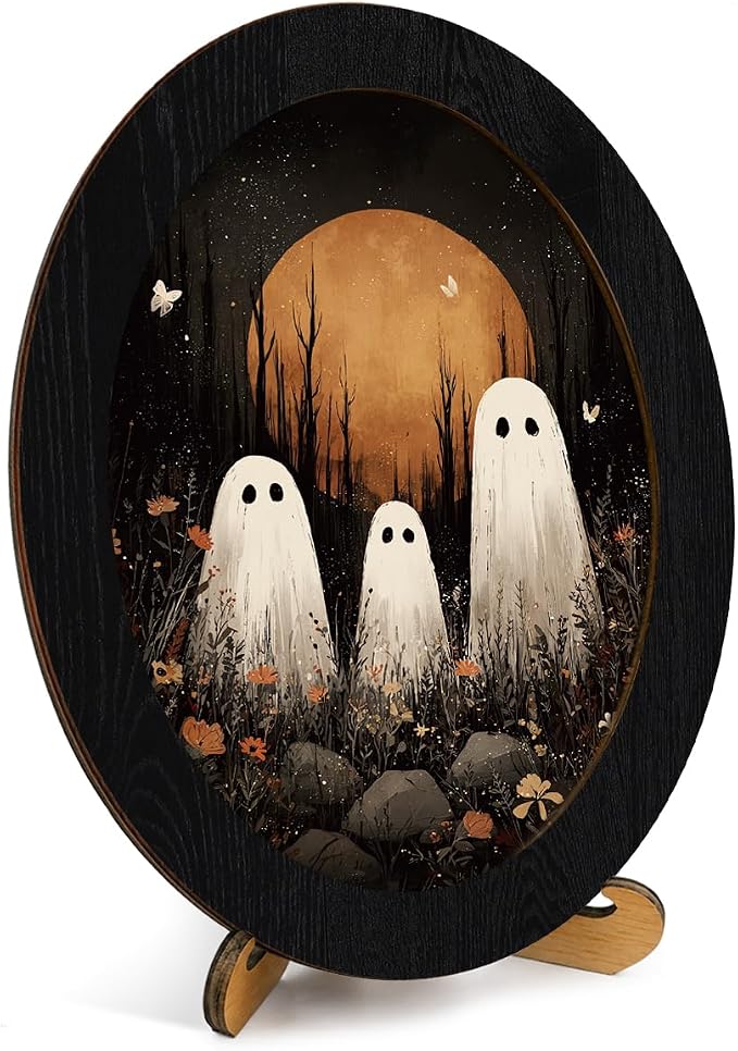 Spooky Floral Ghost Halloween Oval Wall Art Framed Gothic Print - skull wall art