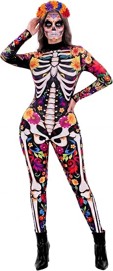 Women's Day of the Dead Flower Skeleton Jumpsuit with Headband - skull headband