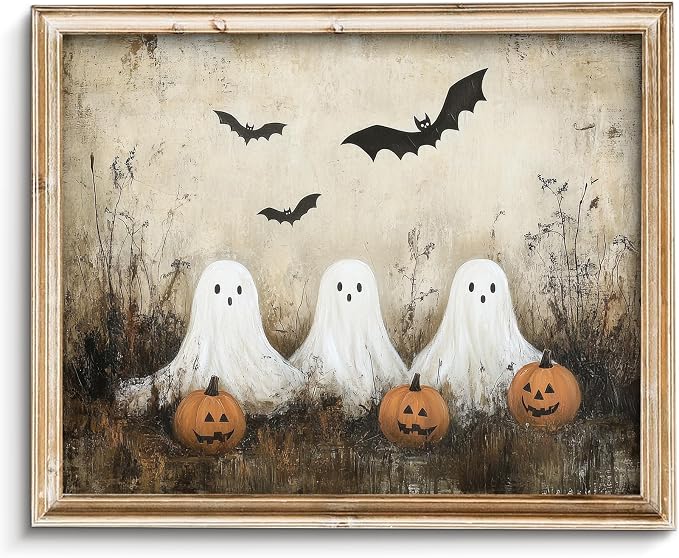 Vodefoad Vintage Halloween Ghost Wall Art, Rustic Country Ghost Print Ghosts Pumpkins Bats Retro Style Wall Art, Old Fashioned Cottage Halloween Canvas Decor for Living Room, Bedroom, Bathroom, Holiday Gift – 8×10 Inch Unframed