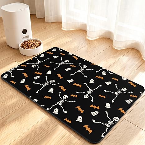 Dog Food Mat, Absorbent Pet Feeding Mat, 12" x 19", Black Skull - skull floor mat