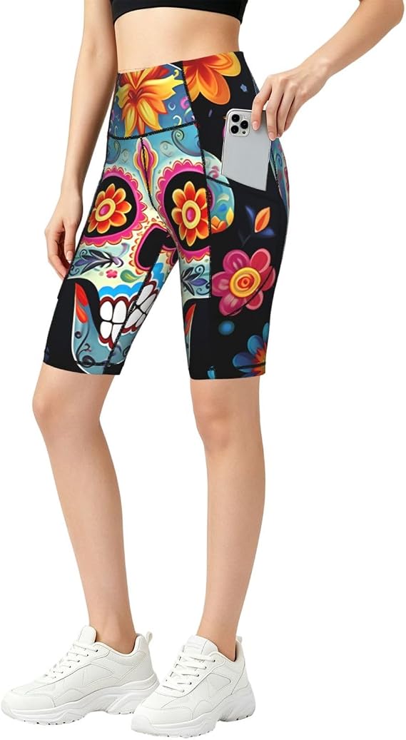 Sugar Skulls Women's Bike Shorts with Pockets High Waist Yoga Shorts for Gym Workout Running Leggings - skull leggings