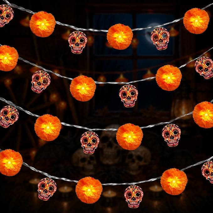 Day Of The Dead Decorations,20Ft 30LED Marigold Skull Garland String Lights - string light