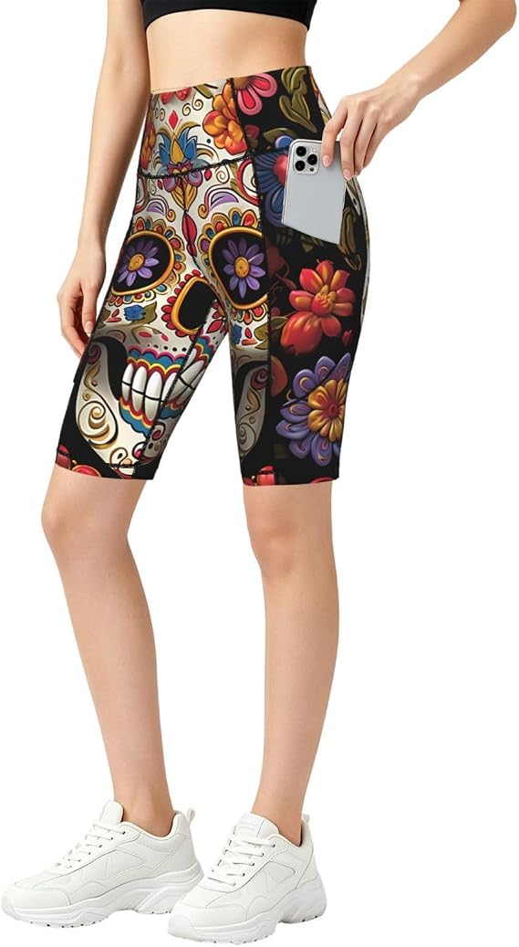 Sugar Skulls Women's Bike Shorts with Pockets High Waist Yoga Shorts for Gym Workout Running Leggings - skull leggings