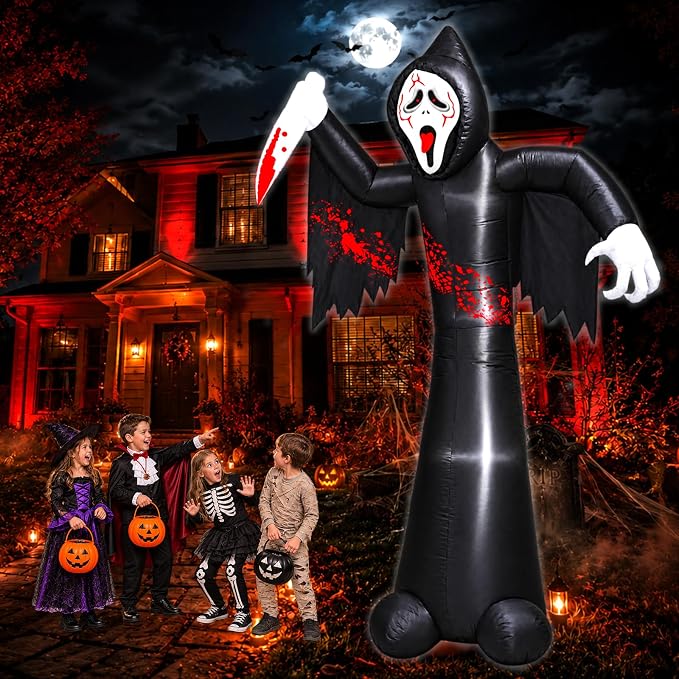 12FT Halloween Inflatable Decorations, Grim Reaper Ghost with Knife, 6 LED Lights, Spooky Face Scary Halloween Party Decorations, Large Blow Up Outdoor Yard Decor for Lawn Garden Party Graveyard - skull inflatable