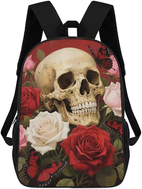 20l Vintage Rose Skull Laptop Backpack Adults 17" Lightweight Carry on Backpack for Travel Flight Waterproof Casual Daypack Work Bussiness Computer Bag for Office Commute Outdoor Sports - skull backpack