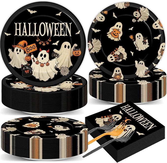 200 Pcs Halloween Boo Paper Plate Set Party Supplies Serve 50 - skull plate