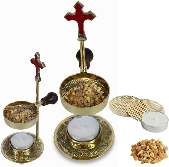 Holy Land Market Brass Incense Burner Kit, Bakhoor & Resin, Cross Model - skull incense burner