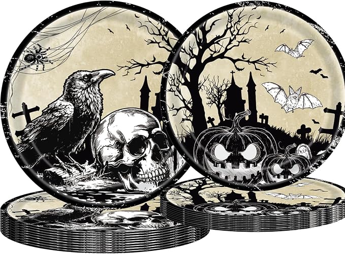 Vintage Halloween Paper Plates Set - 40Pcs Plates Disposable Gothic Skull Raven Bat Graveyard Tableware for Halloween Party, Haunted House, Spooky Themed Party Supplies - skull plate