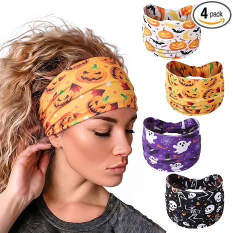 JATEBI 4Pcs 4 Pack Halloween Headbands for Women Stretchy Non Slip Headband - skull headband