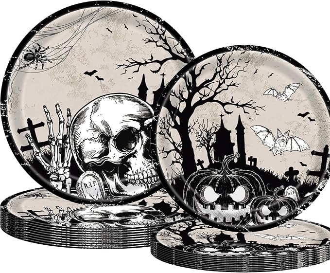 Vintage Gothic Halloween Paper Plates Set - 40Pcs Plates Disposable Skull Skeleton Pumpkin Bat Graveyard Tableware for Halloween Party, Haunted House, Spooky Themed Party Supplies - skull plate