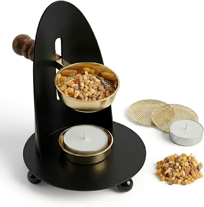 Brass Incense Burner Kit - Candle,Incense and 2 Mesh Screens, Adjustable Charcoal and Tea Light Bakhoor Burner for Resin, Myrrh, Copal at Home, Church, Meditation Space (Brass - Black - Model) - skull incense burner