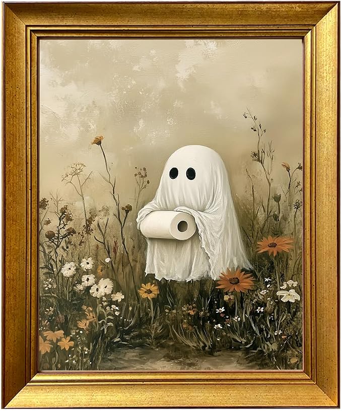 Vintage Halloween Decor Funny Bathroom Wall Art Gold Framed Spooky Ghost Toilet Paper Print Floral Cute Ghost Painting Flower Halloween Powder Room Decor - skull wall art