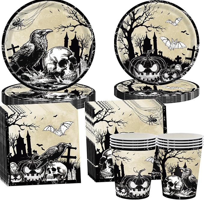 80Pcs Halloween Party Tableware Set – 40Pcs Plates 20Pcs Napkins 20Pcs Cups, Disposable Vintage Skull Raven Graveyard Dinnerware Kit for Halloween Party, Haunted House, Spooky Themed Party Decor