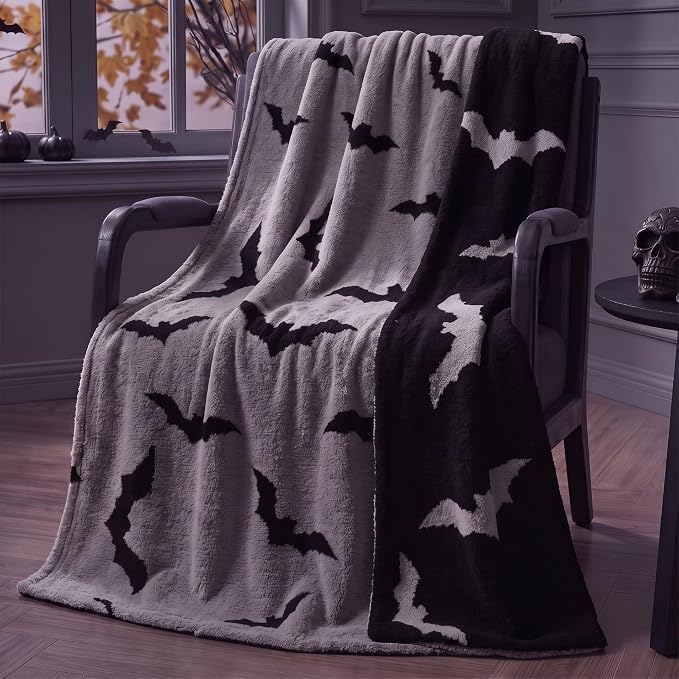 Halloween Bat Blanket Goth Reversible Knit Throw Blanket