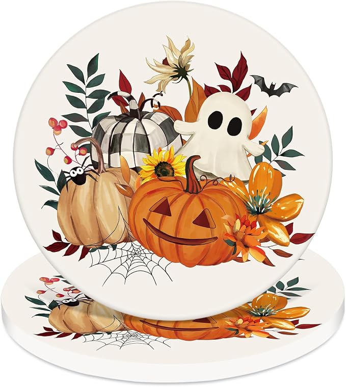 4Pcs Halloween Coasters Rustic Pumpkin Ghost Leaves Ceramic Drink Coaster with Cork Base Absorbent Non-Slip Round Cup Mat for Kitchen Farmhouse Table Protection Decor - skull coaster