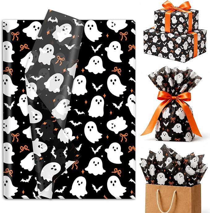 FYSUIMU 60 Sheets Halloween Tissue Paper Black Ghost Bow Bat Gift Wrapping Paper Decorative Art Tissue for DIY Crafts Spring Wedding Birthday Party, 14 x 20 Inch - skull toilet paper