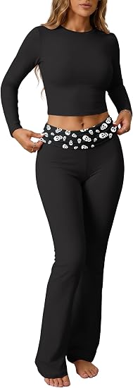 ONLYSTORY Womens 2 Piece Sets Foldover Pants Long Sleeve Crop Tops Pjs Sets - sugar skull boots
