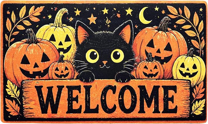Halloween Door Mat 17x29 Inch Welcome Mat Front Doormat, Black Cat - skull carpet
