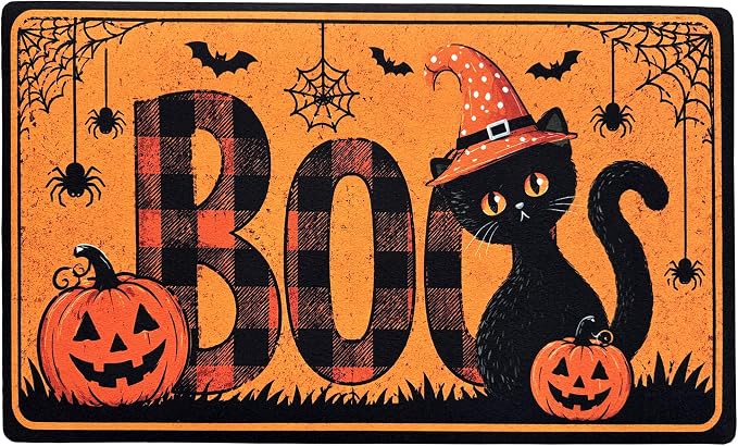 Halloween Door Mat 17×29 Inch Welcome Mat Front Doormat, Witch Cat