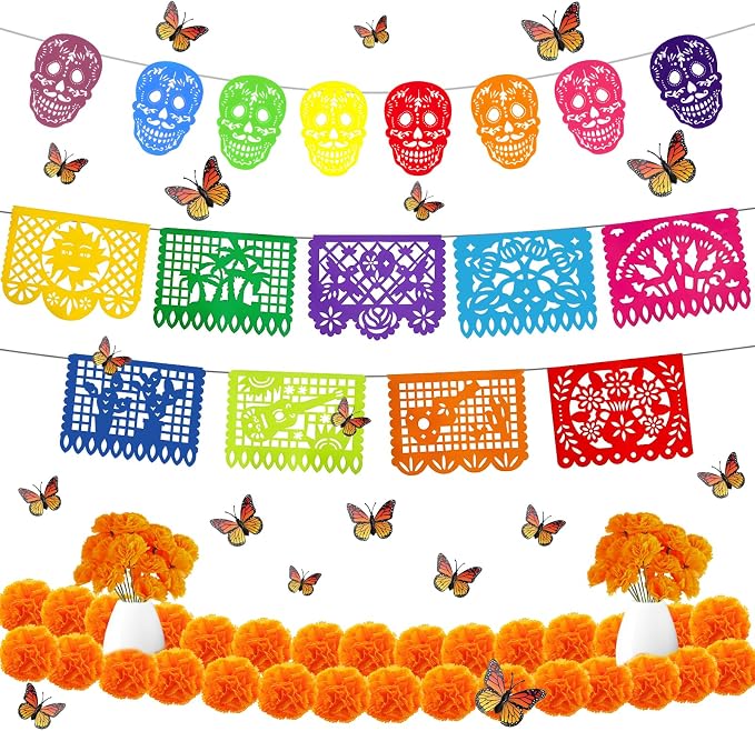 Dia De Los Muertos Ofrenda Decorations for Day of the Dead Altar 59 Pcs - skull carpet