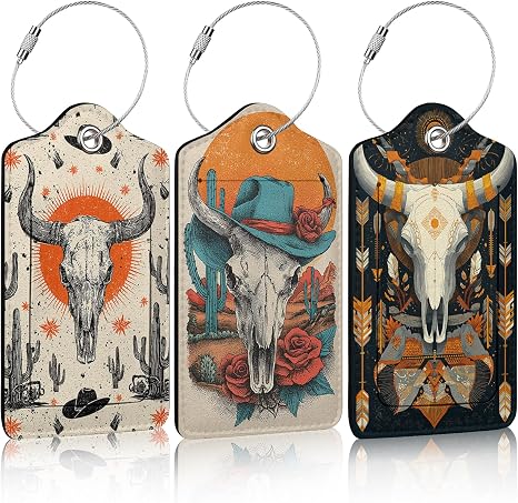 Western Bull Skull 3 Pack Luggage Tags for Suitcases,PU Leather Baggage Tag Name ID Label Privacy Cover Travel Bag Tags for Women Men Travel - skull suitcase