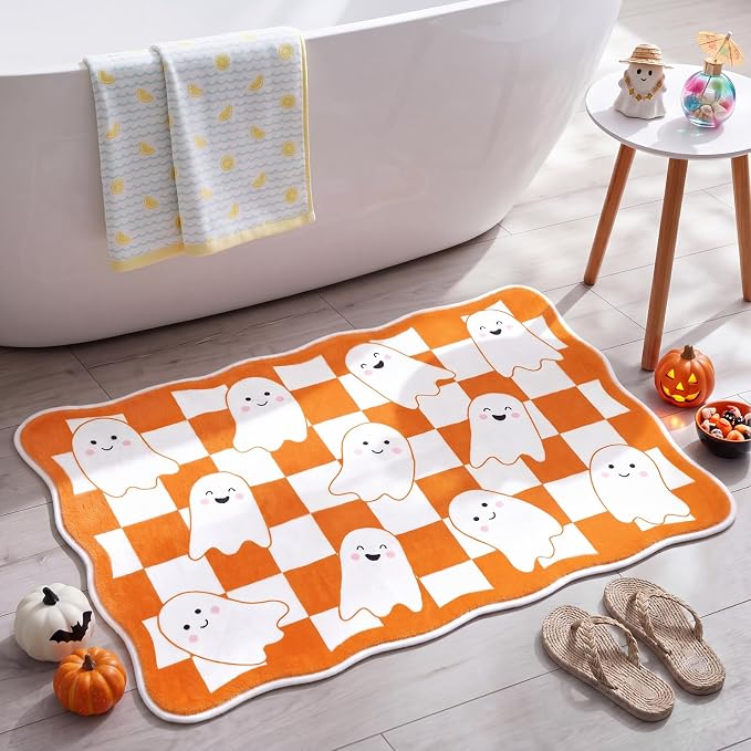 Halloween Ghost Bathroom Rug, Orange and White, 19.7” x 29.5”
