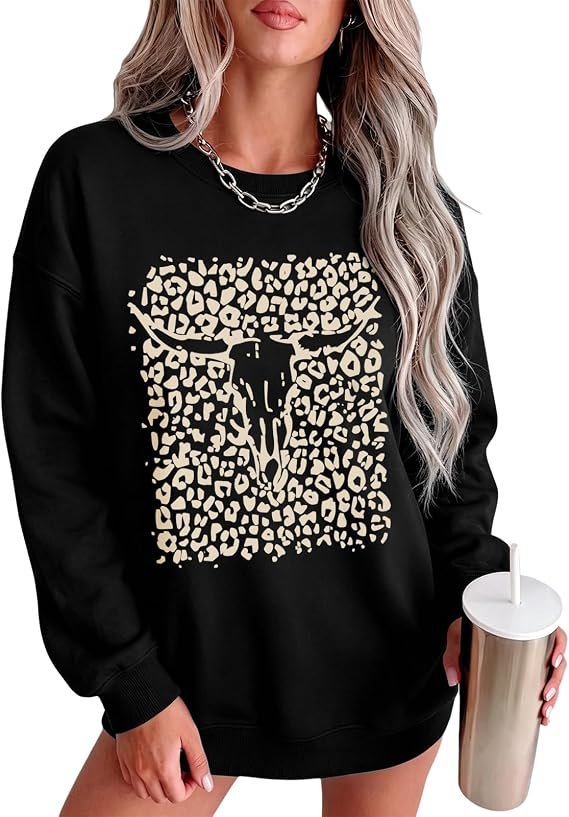 Western Cow Skull Sweatshirts for Women Boho Cowgirl Sweater Vintage Rodeo Graphic Pullover Country Cowboys Tops - skull sweatshirts