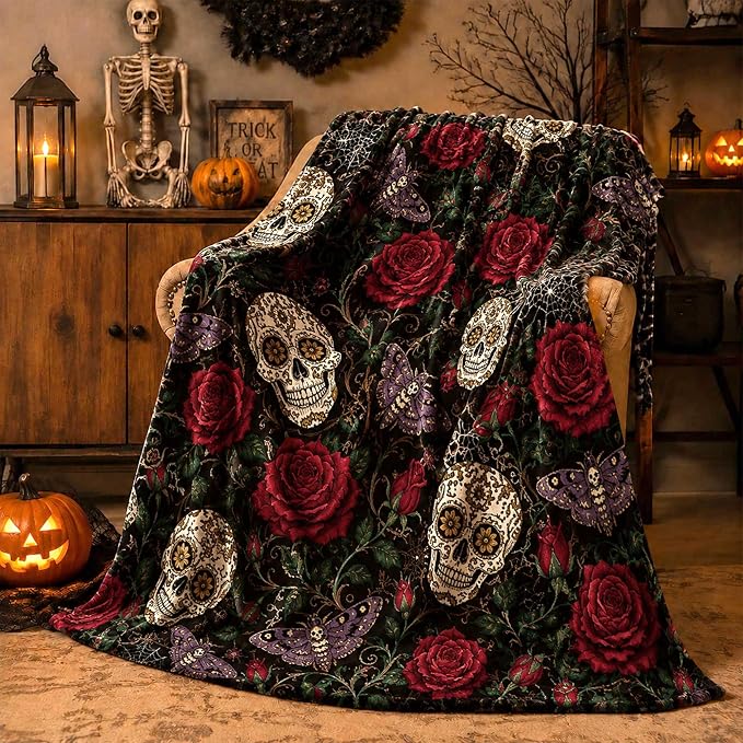 Halloween Throw Blanket, Gothic Skull & Red Rose Flannel Fleece Blanket, Spooky Cozy Warm Blanket for Couch Bed Chair Sofa 50x60 Inch - skull blanket