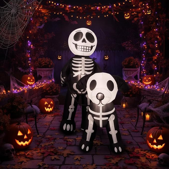 Leyndo 5 FT Halloween Inflatables Skeleton Walking Dog Outdoor Decorations - skull inflatable