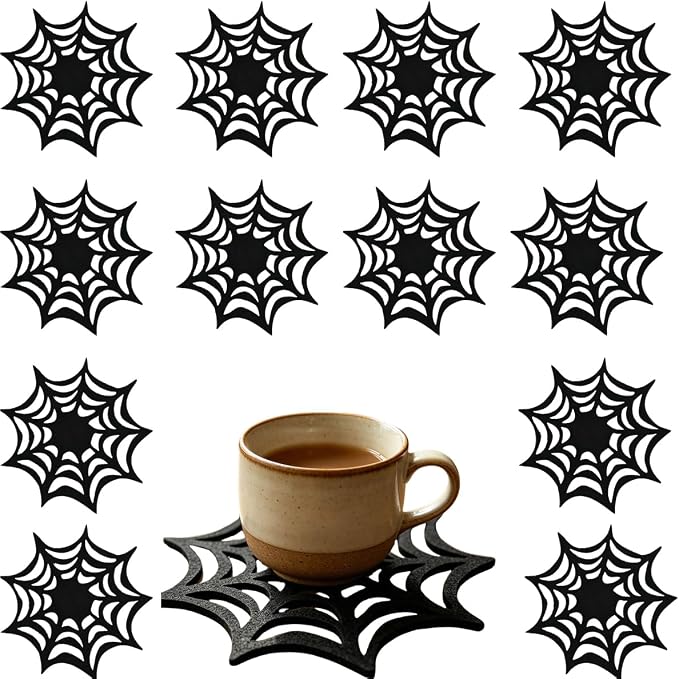 Halloween Gothic Spider Web Cutout Felt Coasters Anti Slip Heat Resistant Cup Coasters for Halloween Party Tabletop - skull coaster