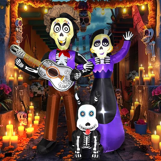 6 FT Halloween Inflatables Decoration, Blow Up Yard Decorations, Day of The Dead Spooky Sugar Skull Couple Guitar and Skeleton Dog, Dia De Los Muertos Décor with Built-in LED for Outdoor - skull inflatable