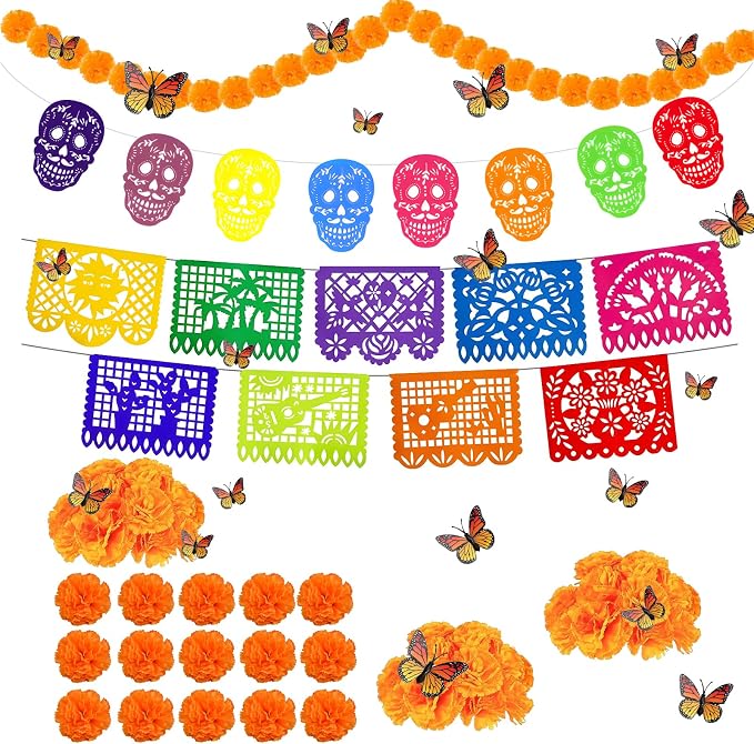 Dia De Los Muertos Decorations Ofrenda Kit 60 Pcs, Day of the Dead Decor for Altar, Papel Picado, Marigold Flowers, Garlands, Monarch Butterflies, Felt Skulls Banner, Table Runner - skull carpet