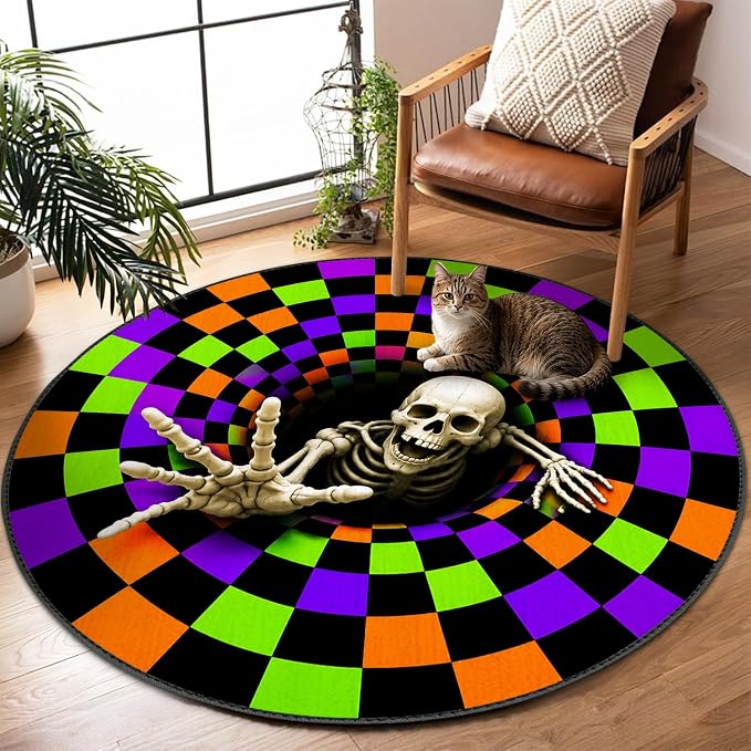Halloween Skeleton Round Rug 4ft, Optical Illusion Vortex Skeleton Area Rug, Checkered Bottomless Hole Circle Floor Mat Carpet for Living Room Bedroom Entryway Spooky Holiday Party Decor - skull floor mat