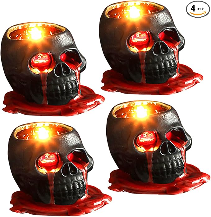 4 Pack Halloween Skull Bleeding Black Skeleton Candles Decor, 2.5in Soy Wax Red Spooky Blood Drip Candle Gothic for Creepy Halloween Home & Party Table Accents Decorations - skull candle