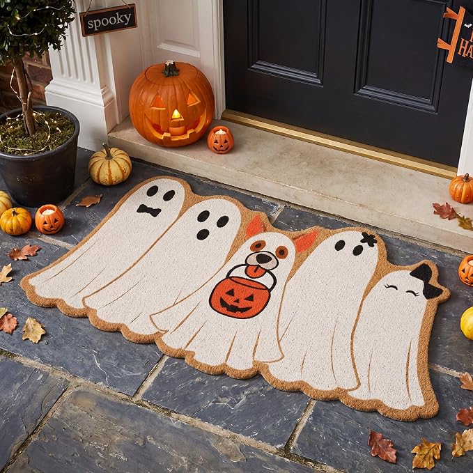 Halloween Ghost Welcome Doormat Ghost Shape Decor Coir Door Mat, Dog - skull door mat