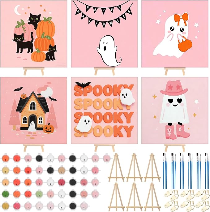 Marspark 6 Pcs Pink Halloween Paint by Numbers Kit for Adults - skull painting