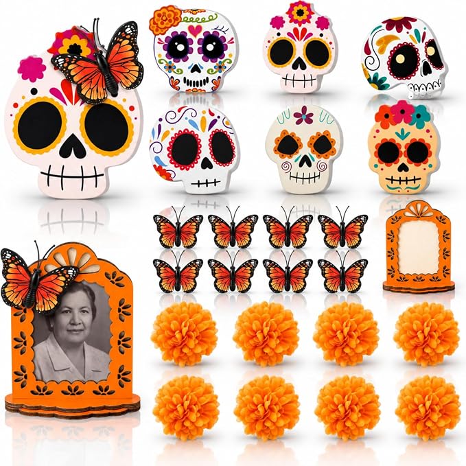 Fuutreo 23 Pcs DIY Dia De Los Muertos Ofrenda Altar Decorations Kit - sugar skull ornament
