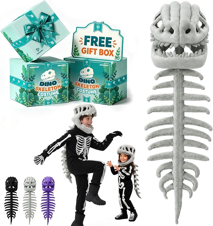Holotap Dinosaur Skeleton Costume for Kids, Cozy Dino Plush 3D Toy Skull & Spine Outfit with Gift Box, Halloween Costume for Cosplay Props, Ideal Dinosaur Gift for Christmas, Birthdays & Parties - skeleton