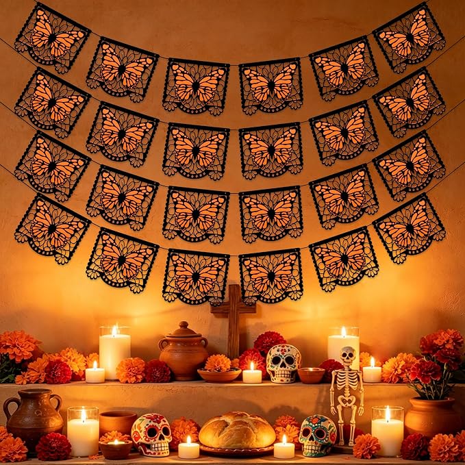 4 Pack Dia De Los Muertos Banner Pre-Strung Felt Monarch Butterfly Garland - skull carpet
