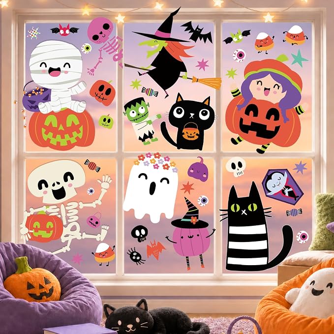 9 Sheet Halloween Window Clings for Kids, Ghost Skeleton Bat Stickers Decor - skull sticker