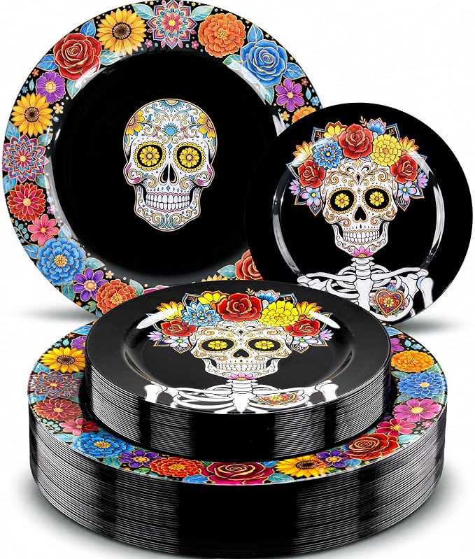 Halloween Plastic Plates, 32-Pack, BPA-Free Heavy-Duty - skull plate