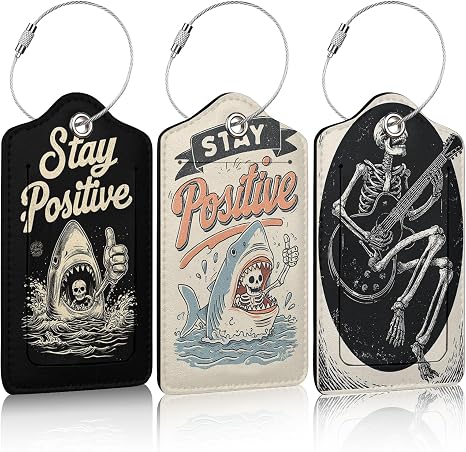 Stay Positive Skull 3 Pack Luggage Tags for Suitcases,PU Leather Baggage Tag Name ID Label Privacy Cover Travel Bag Tags for Women Men Travel - skull suitcase