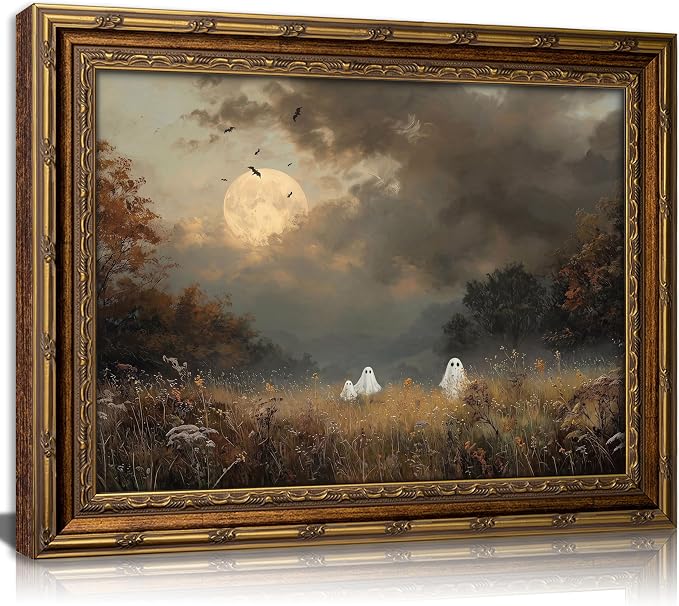 Vintage Gold Framed Ghost Meadow Wall Art, Halloween Retro Ghost Natural Forest landscape Moon Canvas Print Poster, Dark Academia Spooky Gothic Decor for Living Room Bedroom,
