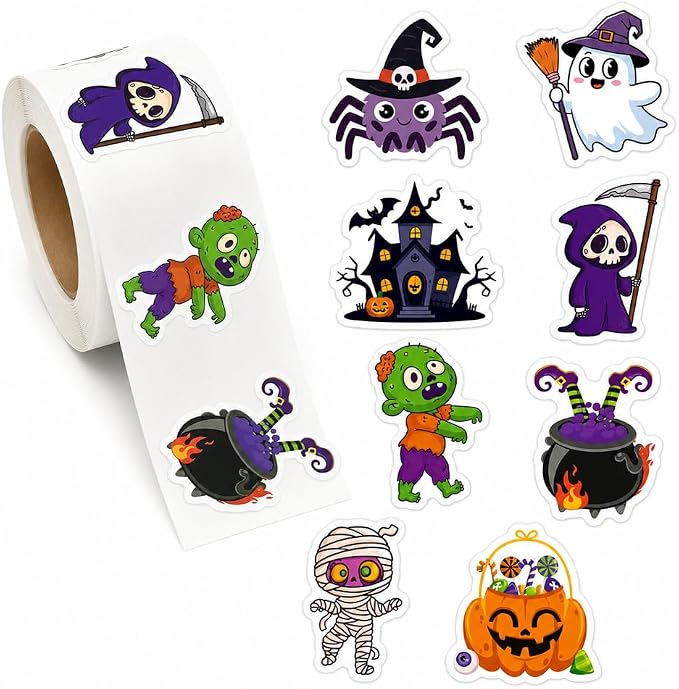 500 PCS Cute Halloween Stickers Roll, 1.5" Die-Cut Cartoon Ghost Pumpkin Zombie Decals, 8 Spooky Self-Adhesive Paper Labels for Teacher Classroom Rewards, Party Favors, Trick or Treat Envelope Seals - skull sticker